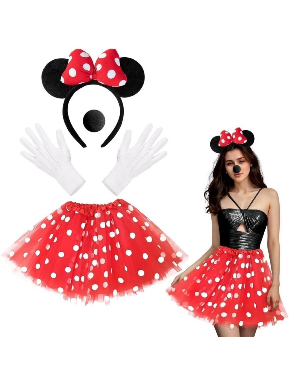 Mouse Costume Accessories Set Women Red Polka Dot Tutu Headband Nose Halloween